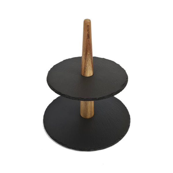 2 Tier Slate Serving Stand with Acacia Handle